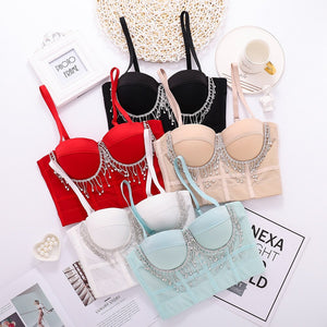 Sexy Beaded Tassel Rhinestone Women Camis Cropped Top Corset Crop Top To Wear Out Push Up Bustier Bra
