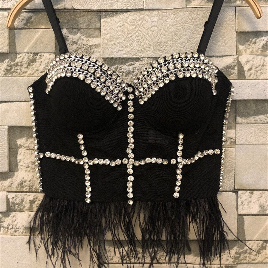 Rhinestone Crop Top With Cups Mesh Tassel Women Nightclub Show Sexy Push Up Bralette Bra Corset Slim Clothes
