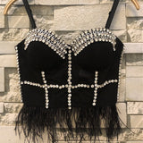 Rhinestone Crop Top With Cups Mesh Tassel Women Nightclub Show Sexy Push Up Bralette Bra Corset Slim Clothes