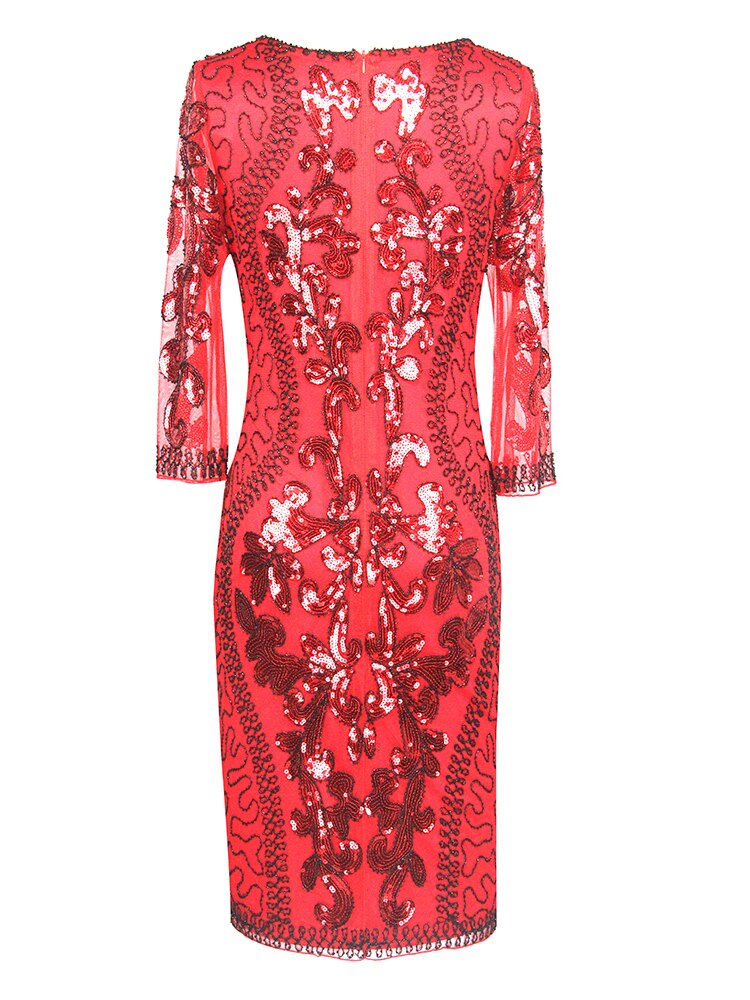 O Neck Formal Half Sleeve Women 1920s Vintage Gowns Tea Length Sequins Tulle Evening Dress