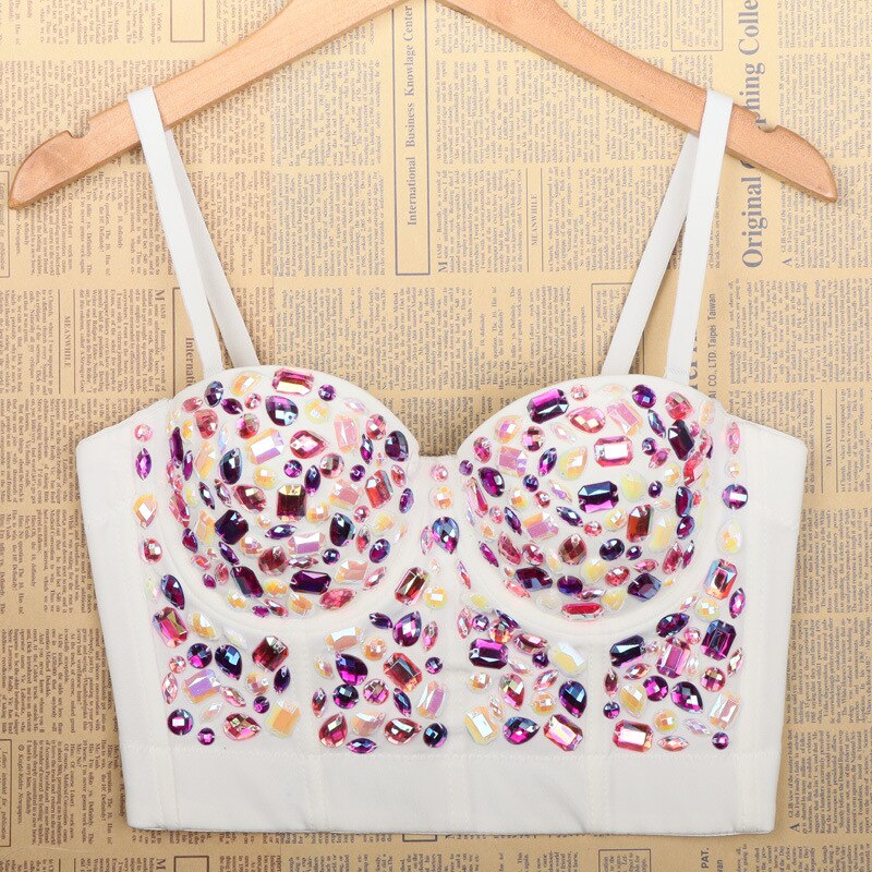 Crop Top With Built In Bra Acrylic Imitation Stones Push Up Sexy Corset Tops Performance Underwear Camisole