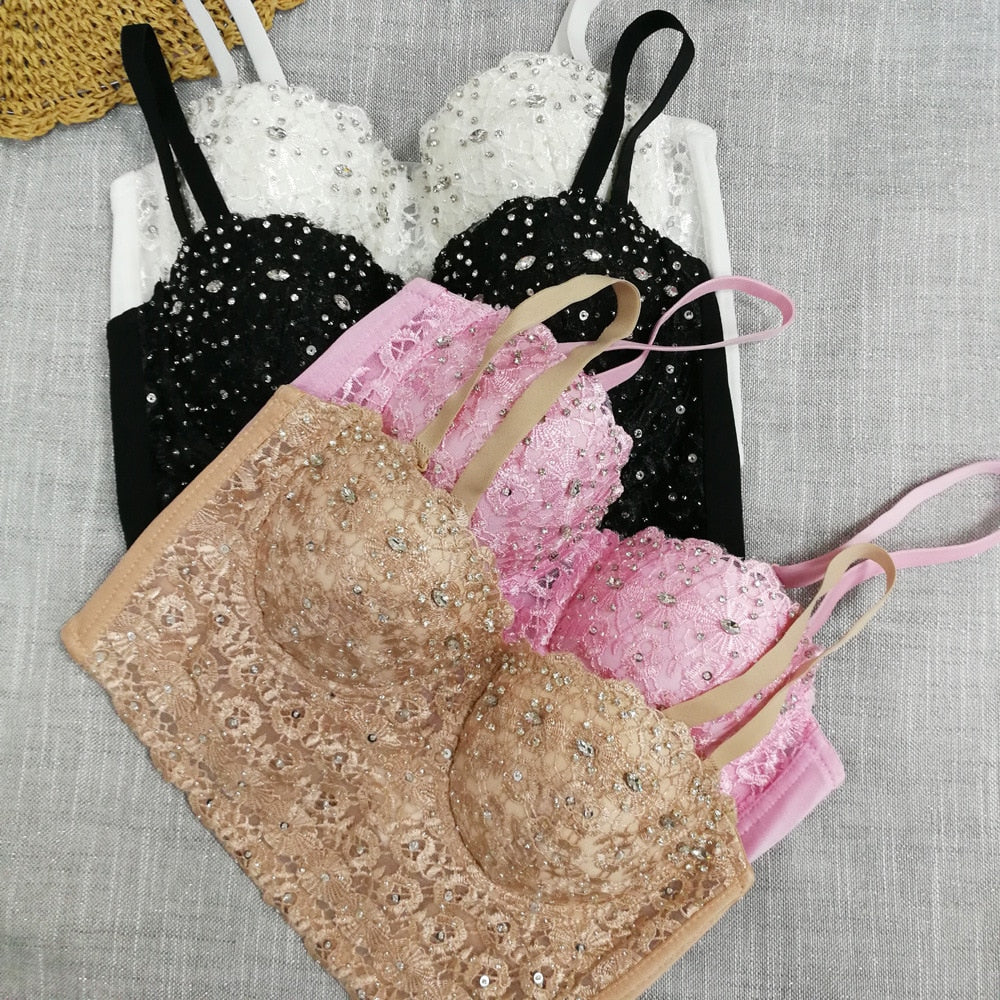 Crop Tops Rhinestone Lace Sexy Women Summer Push Up Cami Top Cropped To Wear Out Bralette Bra Corset
