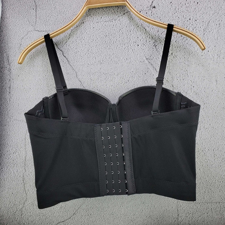 PU Leather Star Decor Sexy Black Beading Crop Top Women Solid Camis Tops With Built In Bra Push Up Bustier Corset