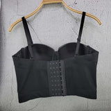 PU Leather Star Decor Sexy Black Beading Crop Top Women Solid Camis Tops With Built In Bra Push Up Bustier Corset