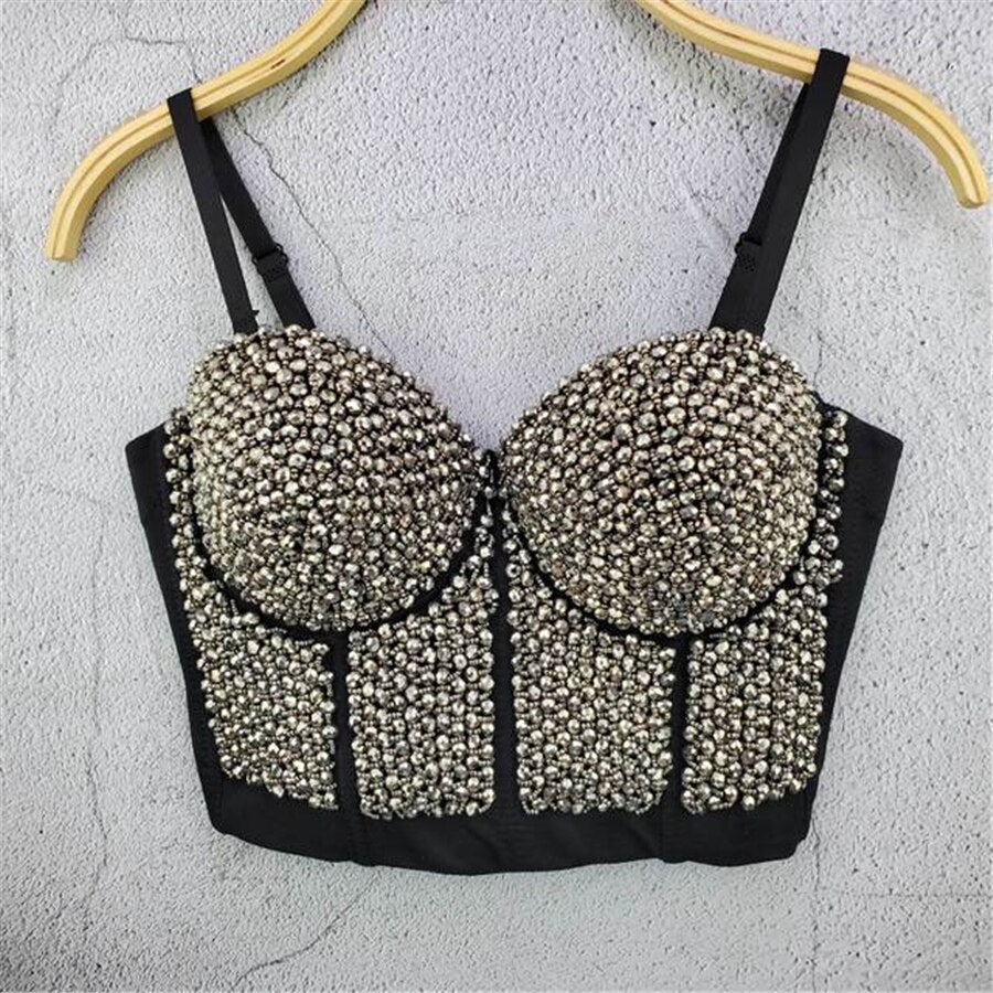 Acrylic Beads Shine Nightclub Party Tube Top With Built In Bra Push Up Bralette Crop Top Women Camis Tops