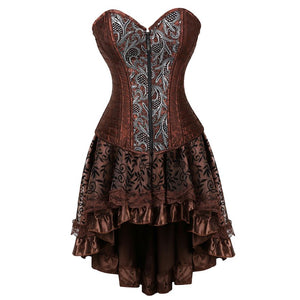 Women Steampunk Floral Lace Corset Dress Vintage Gothic Overbust Corset Bustier Lingerie Top With Asymmetrical Skirt Set Brown