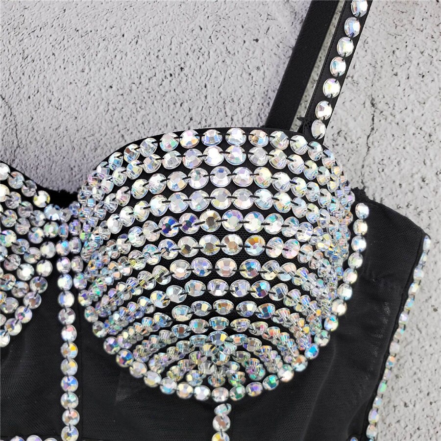 Mesh Camis Summer Short Crop Tank Top Rhinestone Nightclub Top With Built In Bra Sleeveless Corset Off Shoulder Women Clothes