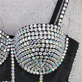 Mesh Camis Summer Short Crop Tank Top Rhinestone Nightclub Top With Built In Bra Sleeveless Corset Off Shoulder Women Clothes