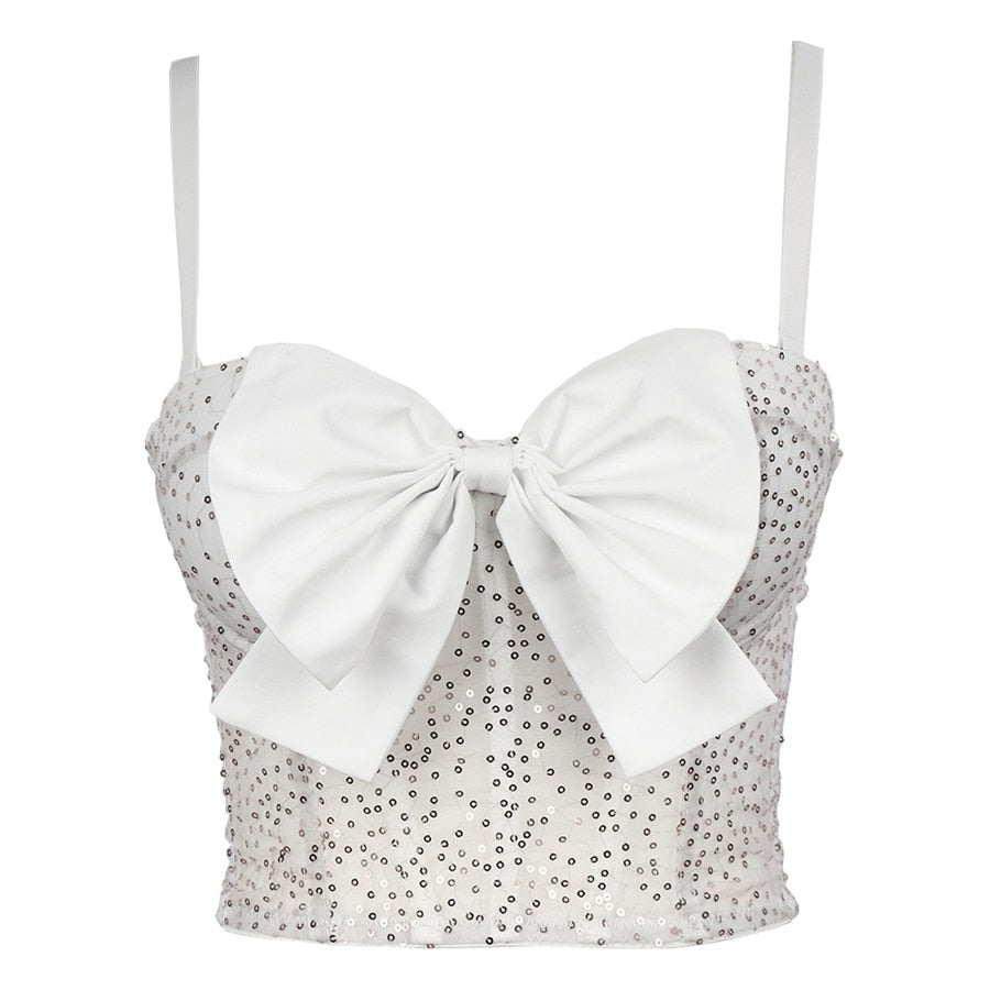 Crop Tops Sexy Sleeveless Sequins Bow Women Top Cropped Party Corset Push Up Bustier Camis Built in Bra