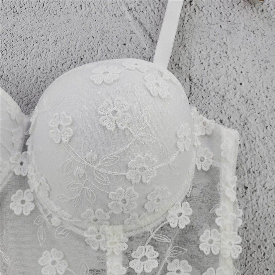 Lace Embroidery Floral Mesh Sexy Women Top Push Up Slim Cami Top Bralette Bra Corset Tops To Wear Out