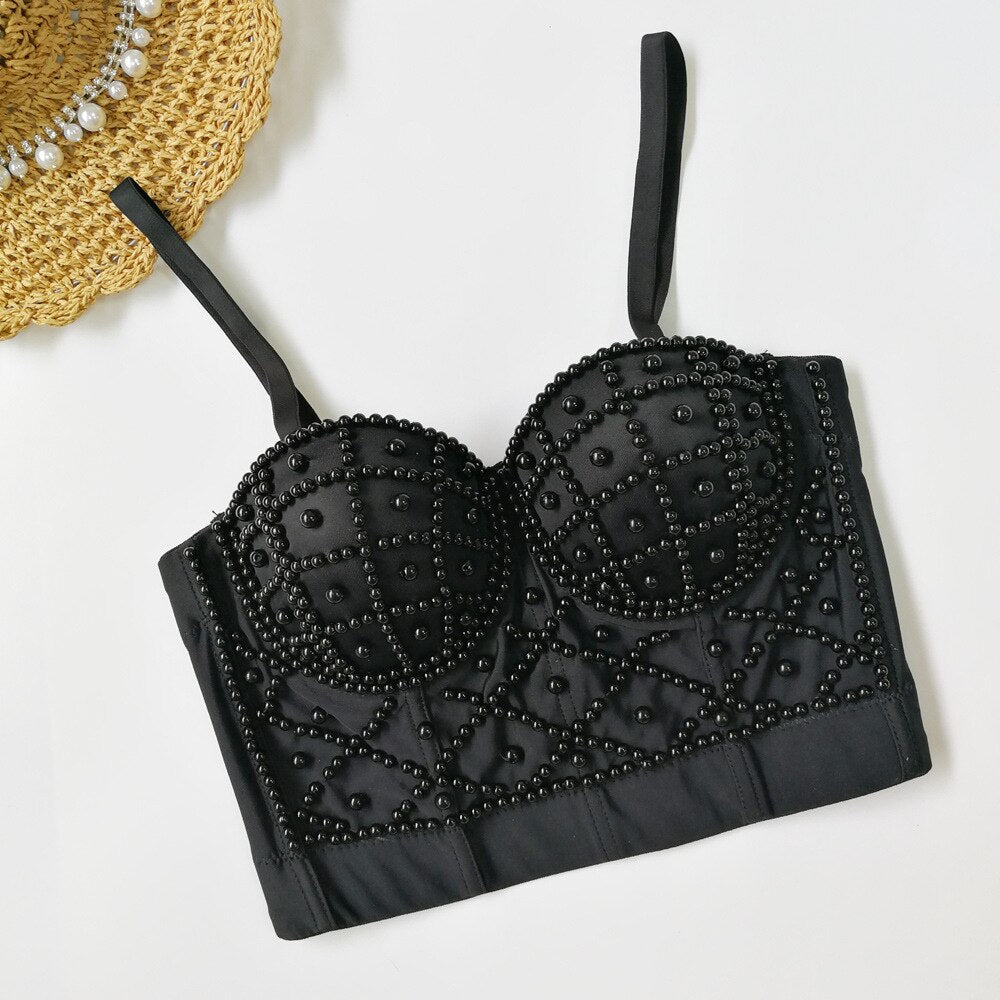 Crop Tops Spaghetti Strap Summer Top Off Shoulder Sexy Corset Beads Cami With Built In Bra Slim Clothes