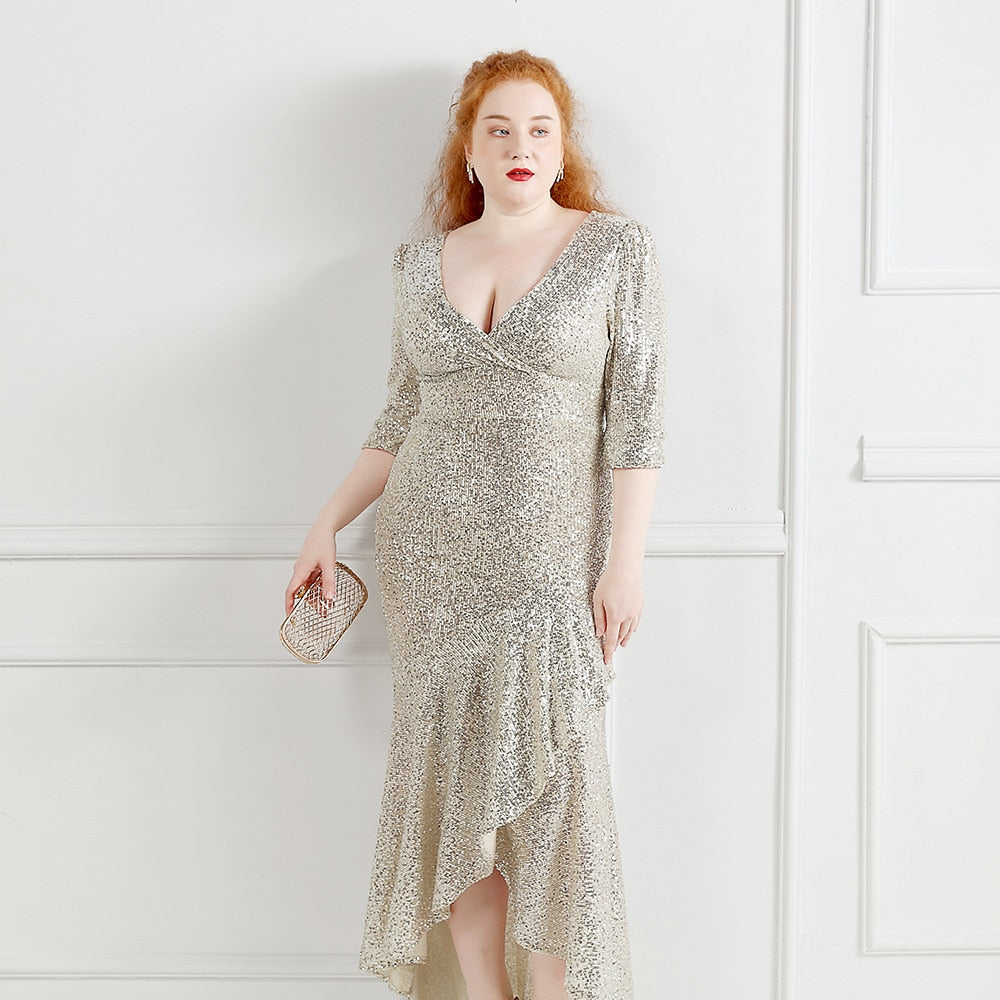 Plus Size Women Sexy V-Neck Party Maxi Dress Half Sleeve Prom Gold Sequin Ruffles Evening Dress