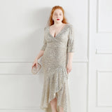 Plus Size Women Sexy V-Neck Party Maxi Dress Half Sleeve Prom Gold Sequin Ruffles Evening Dress