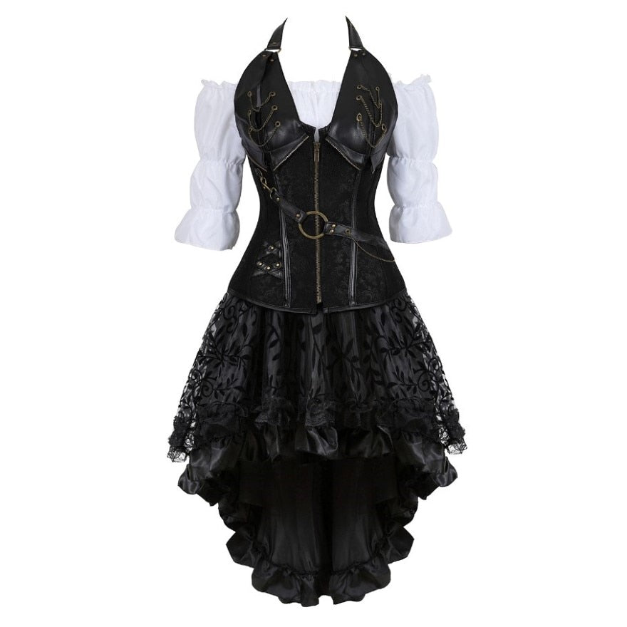 Gothic Corset Dress Sexy Leather Corset Bustier Lingerie Renaissance Blouse Steampunk Irregular Pirate Skirt Set Plus Size S-6XL
