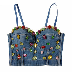Nightclub Stage Performance Bralette Corset Tops Women Summer Colorful Gemstone Denim Crop Top With Bar