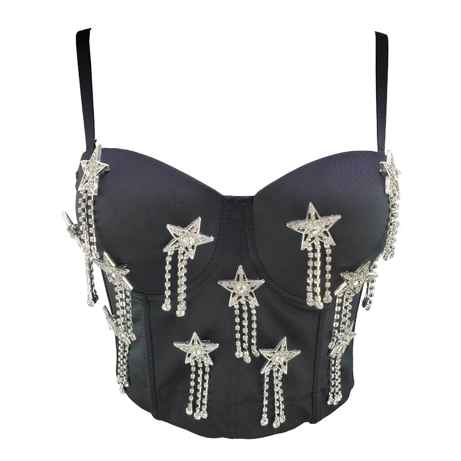 Rhinestone Tassel Corset Sexy Summer Female Show Crop Top Spaghetti Strap Women Camis Tops With Built In Bra Push Up Bralette