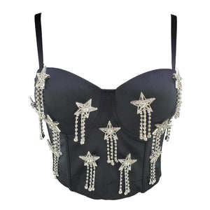 Rhinestone Tassel Corset Sexy Summer Female Show Crop Top Spaghetti Strap Women Camis Tops With Built In Bra Push Up Bralette