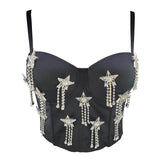 Rhinestone Tassel Corset Sexy Summer Female Show Crop Top Spaghetti Strap Women Camis Tops With Built In Bra Push Up Bralette