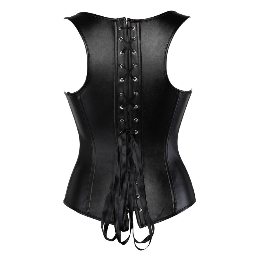 Women Gothic Sexy Faux Leather Straps Corset Vest Studded Zipper Buckles Body Shaper Corset Bustier Lingerie Top Plus Size Black