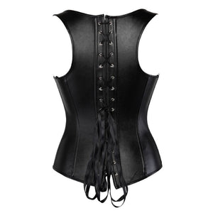 Women Gothic Sexy Faux Leather Straps Corset Vest Studded Zipper Buckles Body Shaper Corset Bustier Lingerie Top Plus Size Black