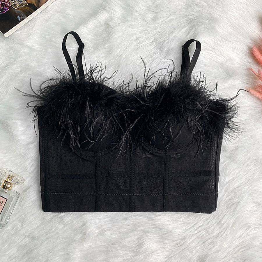 Crop Tank Top Feather Mesh Nightclub Stage Sexy Crop Top Women Camis Top With Built In Bra Push Up Bralette