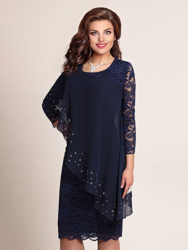 Long Sleeve Lace Chiffon Dress Plus Size Women Formal Occation Dresses   FashionLoveHunter