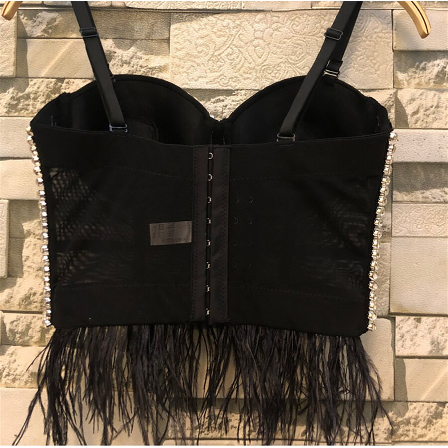 Rhinestone Crop Top With Cups Mesh Tassel Women Nightclub Show Sexy Push Up Bralette Bra Corset Slim Clothes