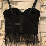 Rhinestone Crop Top With Cups Mesh Tassel Women Nightclub Show Sexy Push Up Bralette Bra Corset Slim Clothes