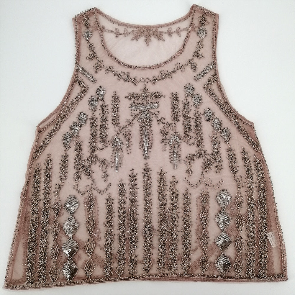 Perspective Mesh Crop Runway O-Neck Sleeveless Short Beaded Sequin Tank Top Party Club Gauze Embroidery Top