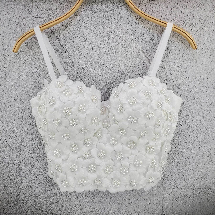 New Summer Sweet Floral Handmade Beading Party Sexy Women Top With Cups Crop Top To Wear Out Push Up Bralette Bra Corset