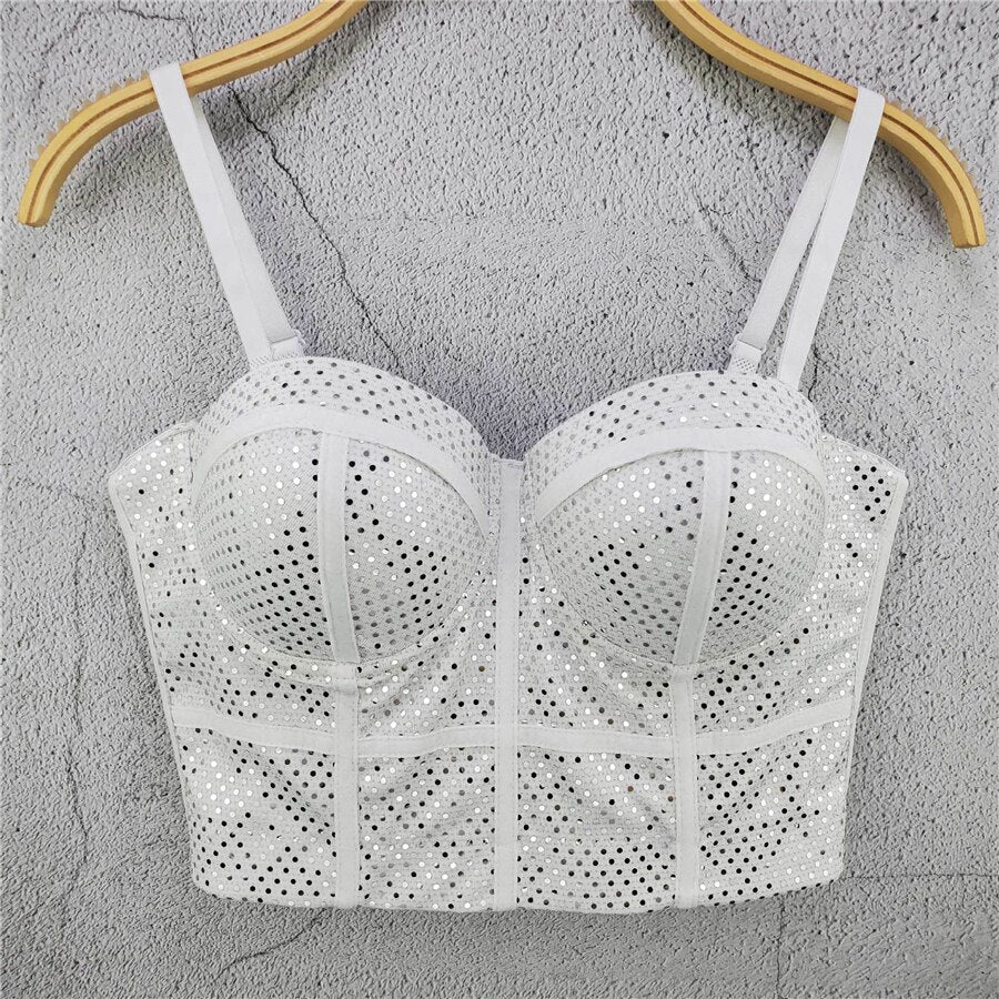 Crop Top With Built in Bra Women Mesh Bright Sequins Cropped Top Sexy Corset To Wear Out Nightclub Push Up Chest