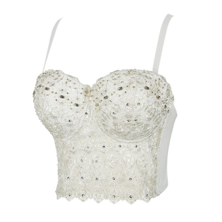 Cropped Tops With Built in Bra Women Lace Bright Glass Beading Crop Top Straps Sexy Women Corset Tops To Wear Out Bustier