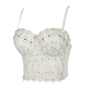 Cropped Tops With Built in Bra Women Lace Bright Glass Beading Crop Top Straps Sexy Women Corset Tops To Wear Out Bustier