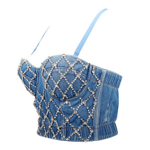 New Denim Rhinestone Sexy Women Top With Cups Push Up Camisole Bustier Corset