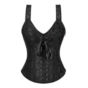 Women Sexy Floral Jacquard Straps Overbust Corset Zipper Side Waist Cincher Slim Lace Up Vintage Corset Bustier Lingerie Top