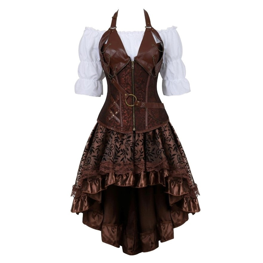 Gothic Corset Dress Sexy Leather Corset Bustier Lingerie Renaissance Blouse Steampunk Irregular Pirate Skirt Set Plus Size S-6XL