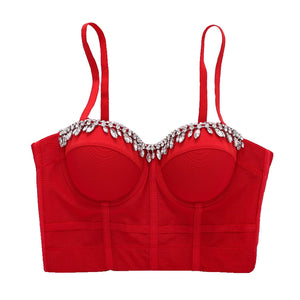 New Short Sexy Diamond Beading Crop Top Women Solid Camis Tops With Built In Bra Push Up Bralette