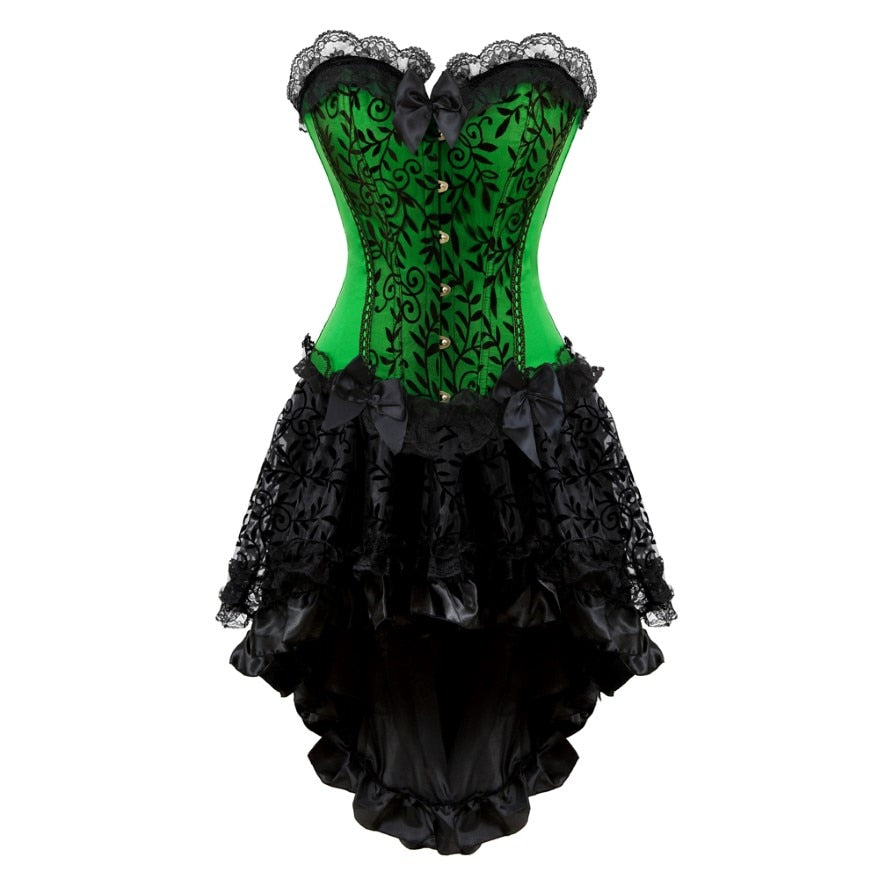 Women Sexy Lace Floral Corset Dress Victorian Fashion Corset Bustier Lingerie Top With Gothic Asymmencial High Low Skirt Set