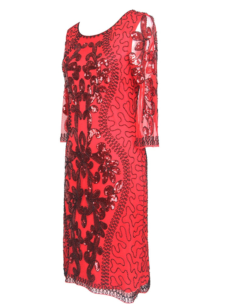 O Neck Formal Half Sleeve Women 1920s Vintage Gowns Tea Length Sequins Tulle Evening Dress