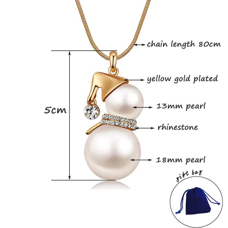 Cute Snowman Pendant Long Necklace Women Gold Color Pearl Jewelry Wedding Jewelry Santa Claus Christmas Gifts
