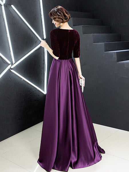 V-neck Bow Waist A-line Satin Evening Dresses Short-Sleeve Velour Form