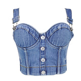 Blue Denim Crop Tank Top Fairy Sexy Summer Crop Top Women Solid Cami Tops With Built In Bra Push Up Bralette