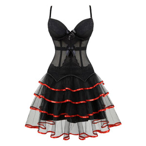 Women Victorian Sexy Straps Cup Corset Dress Vintage Lace Corset Bustier Lingerie Top With Mesh Striped Mini Skirt Set Plus Size