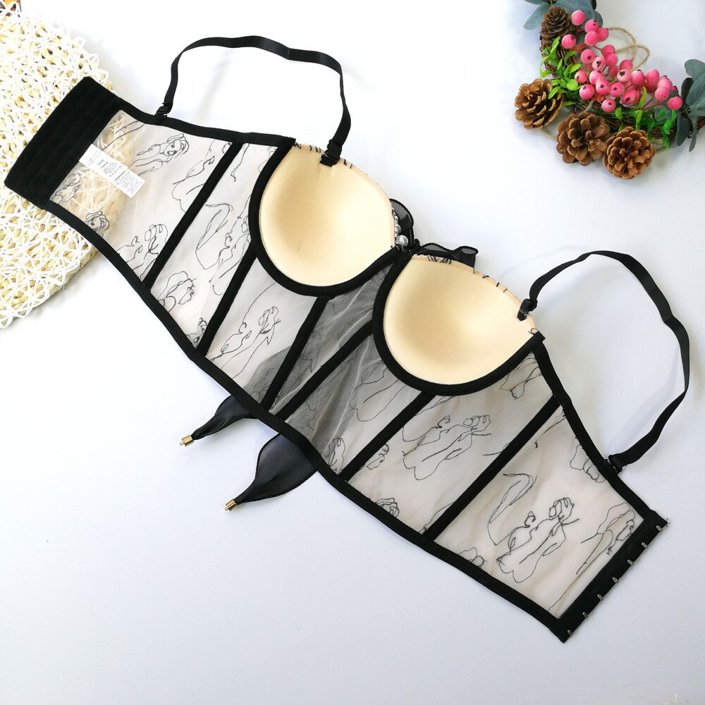 Mesh Bead Summer Sexy Corset Nightclub Party Short Women Camis Built In Bra Cropped Crop Top Push Up Breast