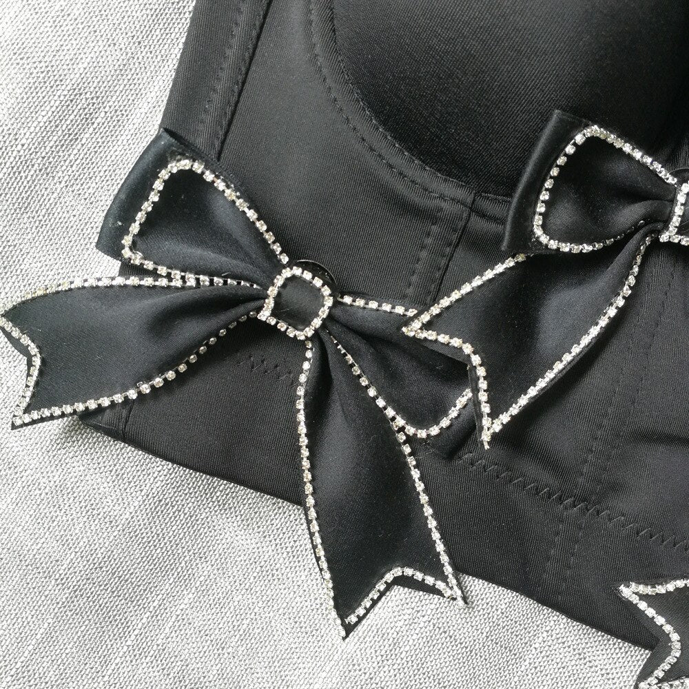 Sexy Bow Rhinestones Female Corset Nightclub Party Short Women Camis In Bra Cropped Crop Top Push Up Breast