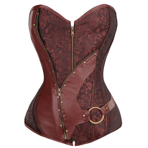Steampunk Vintage Black Women Spiral Steel Bone Zipper Jacquard Waist Trainer Overbust Corset Bustier