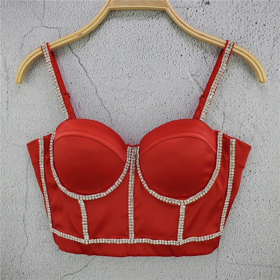 Camis Tops With Built In Bra Short Party Sleeveless Sexy Rhinestone Crop Top Women Harajuku Push Up Chest