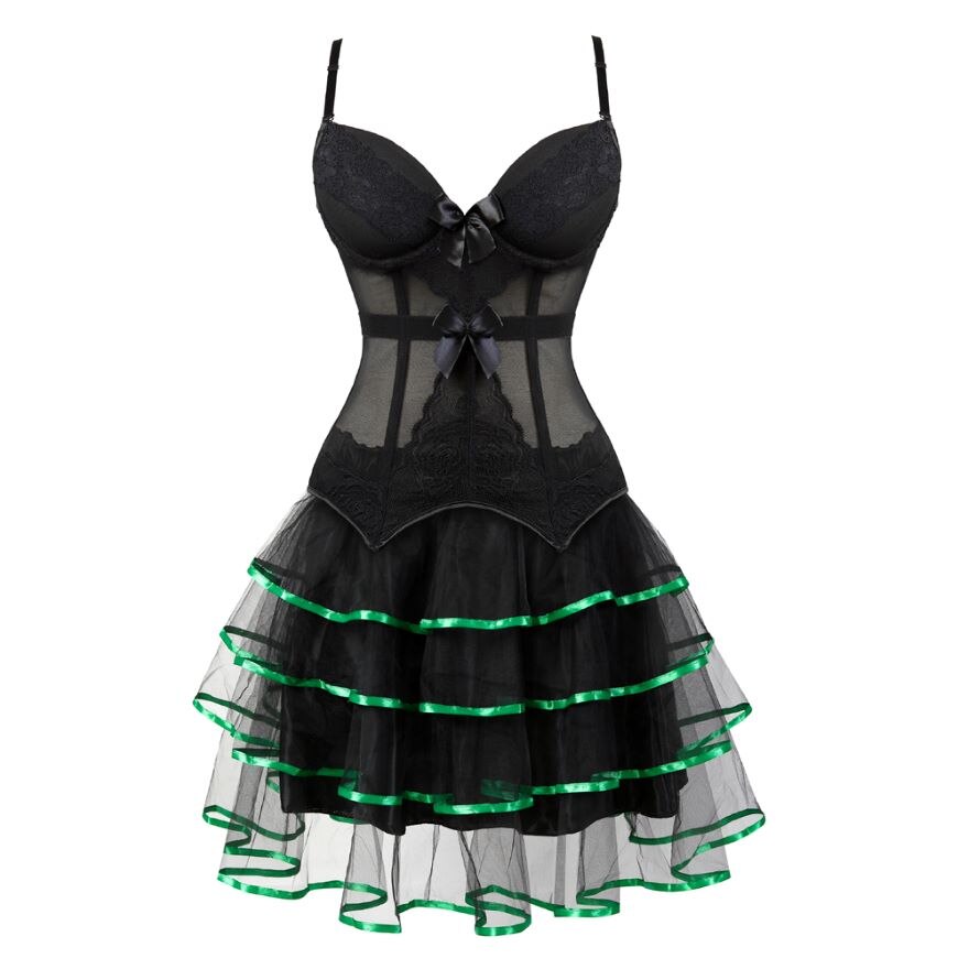 Victorian Burlesque Straps Corset Dress Women Gothic Sexy Cup Lace Corset Bustier Lingerie Top With Striped Mini Skirt Set