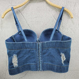 HOLE Denim Cute Appliques Crop Top To Wear Out Autumn Corset Top Women Bra Push Up Bustier