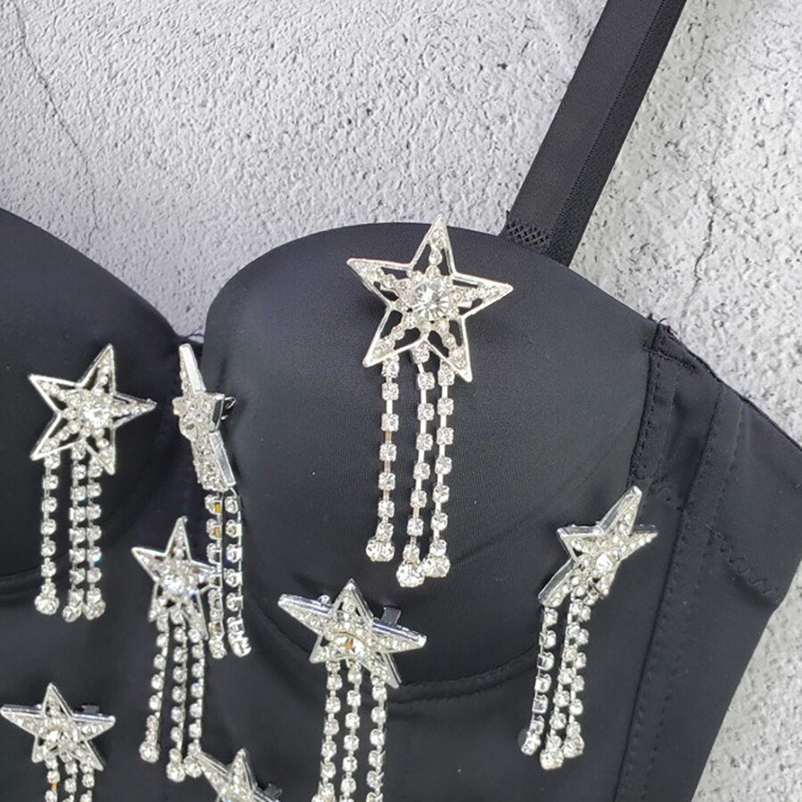Rhinestone Tassel Corset Sexy Summer Female Show Crop Top Spaghetti Strap Women Camis Tops With Built In Bra Push Up Bralette